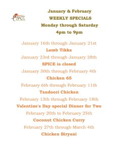 January & February Weekly Specials