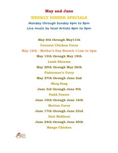May and June WEEKLY DINNER SPECIALS