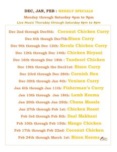 December, January, February Weekly Specials