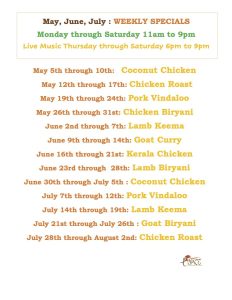 May, June, July Weekly Specials