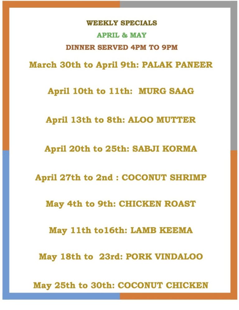 Weekly Specials April and May