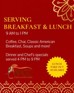 Breakfast and Lunch Served Daily 9AM to 1PM
