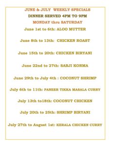 Weekly Specials June and July